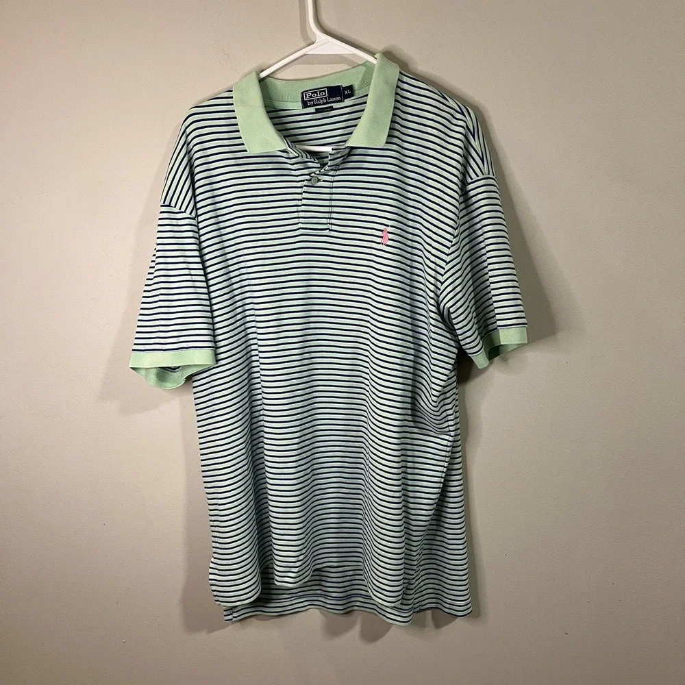 Polo Ralph Lauren T-Shirt Collar Blue Green Striped Men Sz XL Horse Logo